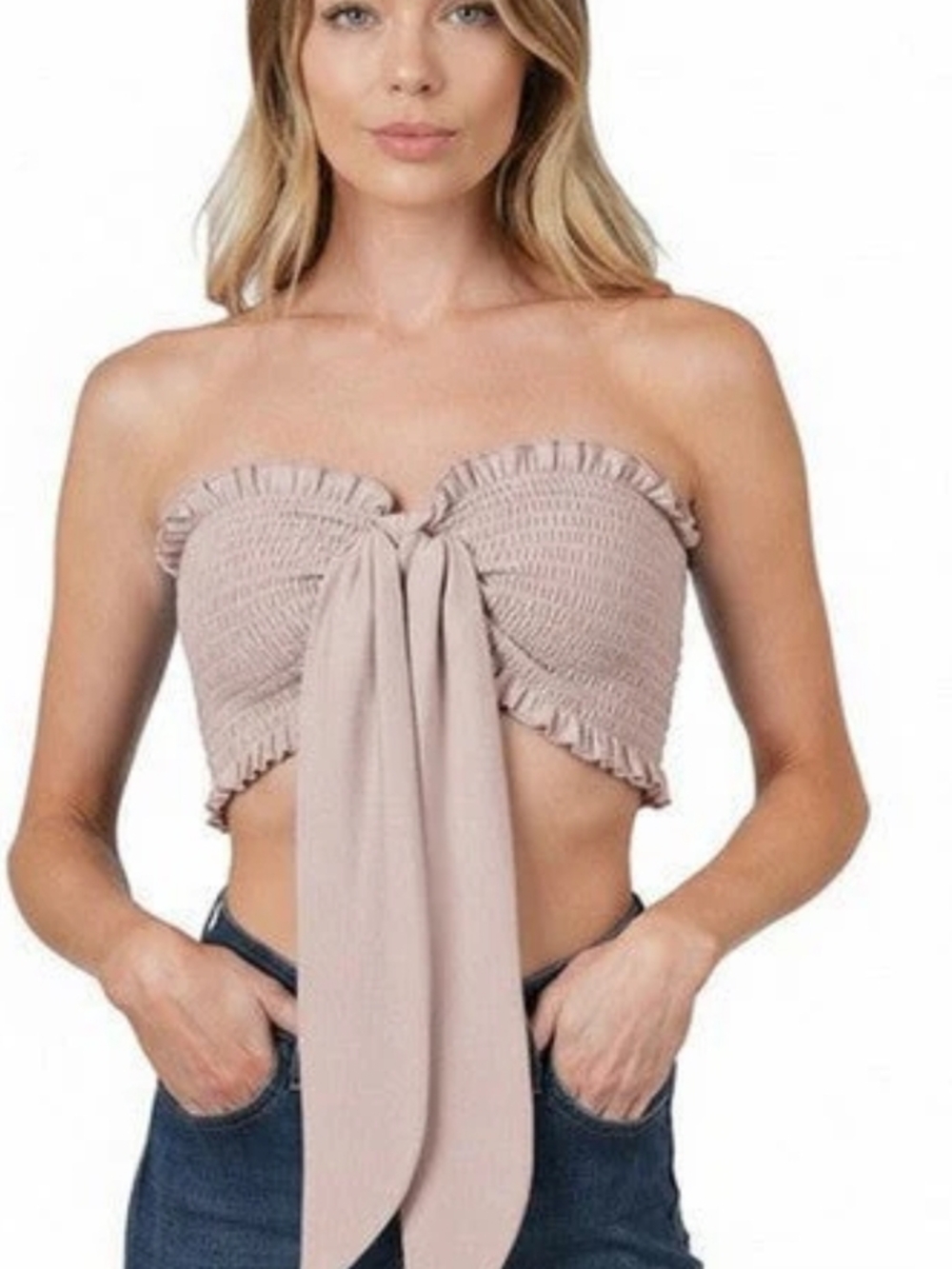 Zenna Strapless Smocked Tie-Front Pleated Crop Top In Dusty Blush S,M,L,XL
